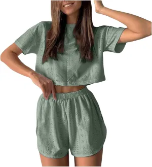2 Piece Short Sets for Women Sexy Hollow Out Round Neck Short Sleeve Crop Tops Elastic Waist Shorts Outfit Tracksuit