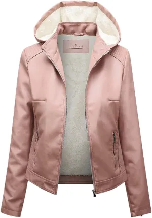 2023 Winter Faux Leather Jacket for Women with Hoodie Casual Long Sleeve Full Zip Pullovers Fleece Thick Lined Parka Coat