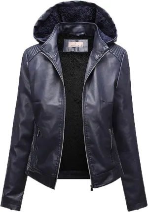 2023 Winter Faux Leather Jacket for Women with Hoodie Casual Long Sleeve Full Zip Pullovers Fleece Thick Lined Parka Coat
