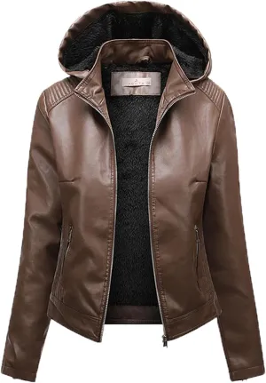 2023 Winter Faux Leather Jacket for Women with Hoodie Casual Long Sleeve Full Zip Pullovers Fleece Thick Lined Parka Coat