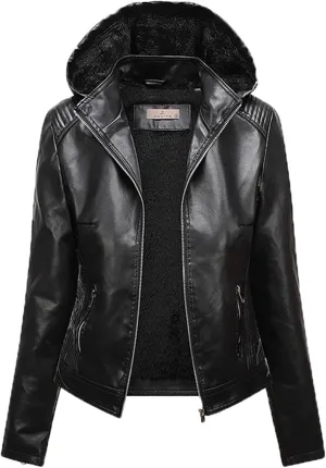 2023 Winter Faux Leather Jacket for Women with Hoodie Casual Long Sleeve Full Zip Pullovers Fleece Thick Lined Parka Coat