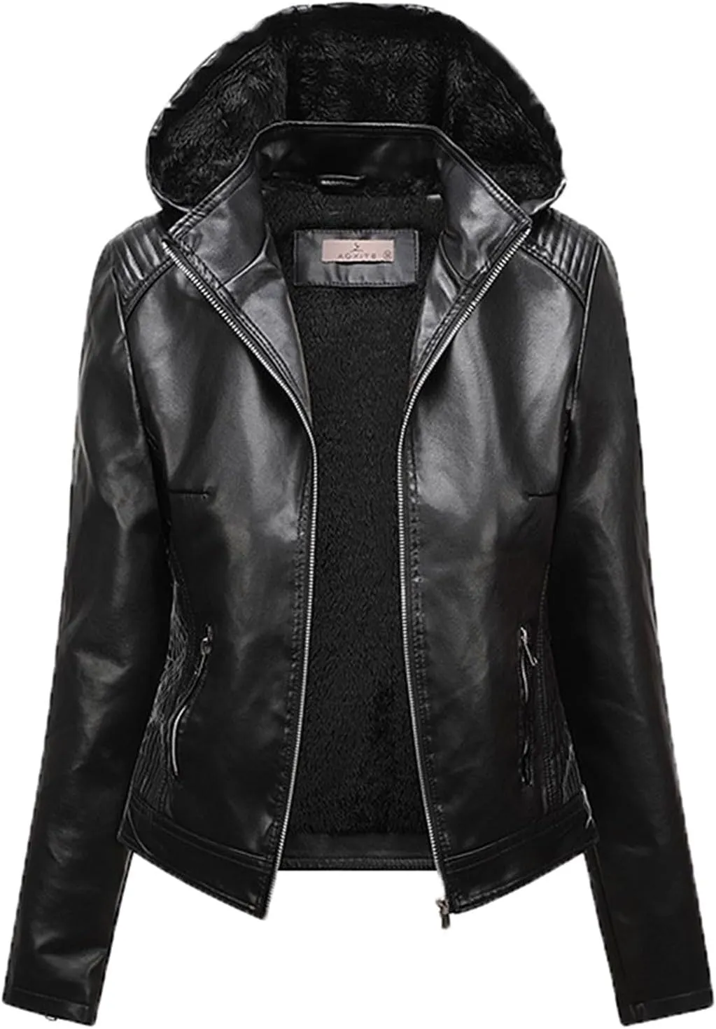 2023 Winter Faux Leather Jacket for Women with Hoodie Casual Long Sleeve Full Zip Pullovers Fleece Thick Lined Parka Coat