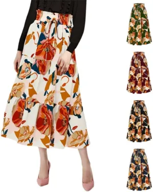 2025 Womens Floral Long Skirt Fashion Casual Flowy Swing Tiered Elastic Waisted Summer Beach Midi Skirt