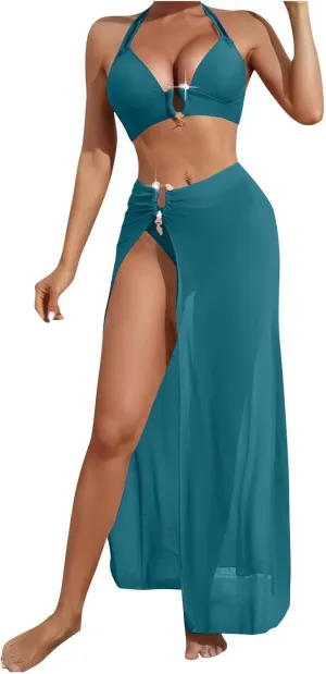 3 Piece Swimsuit for Women Sexy Halter Bikini Sets with Coverup High Slit Maxi Skirt Push Up Triangle Bathing Suit