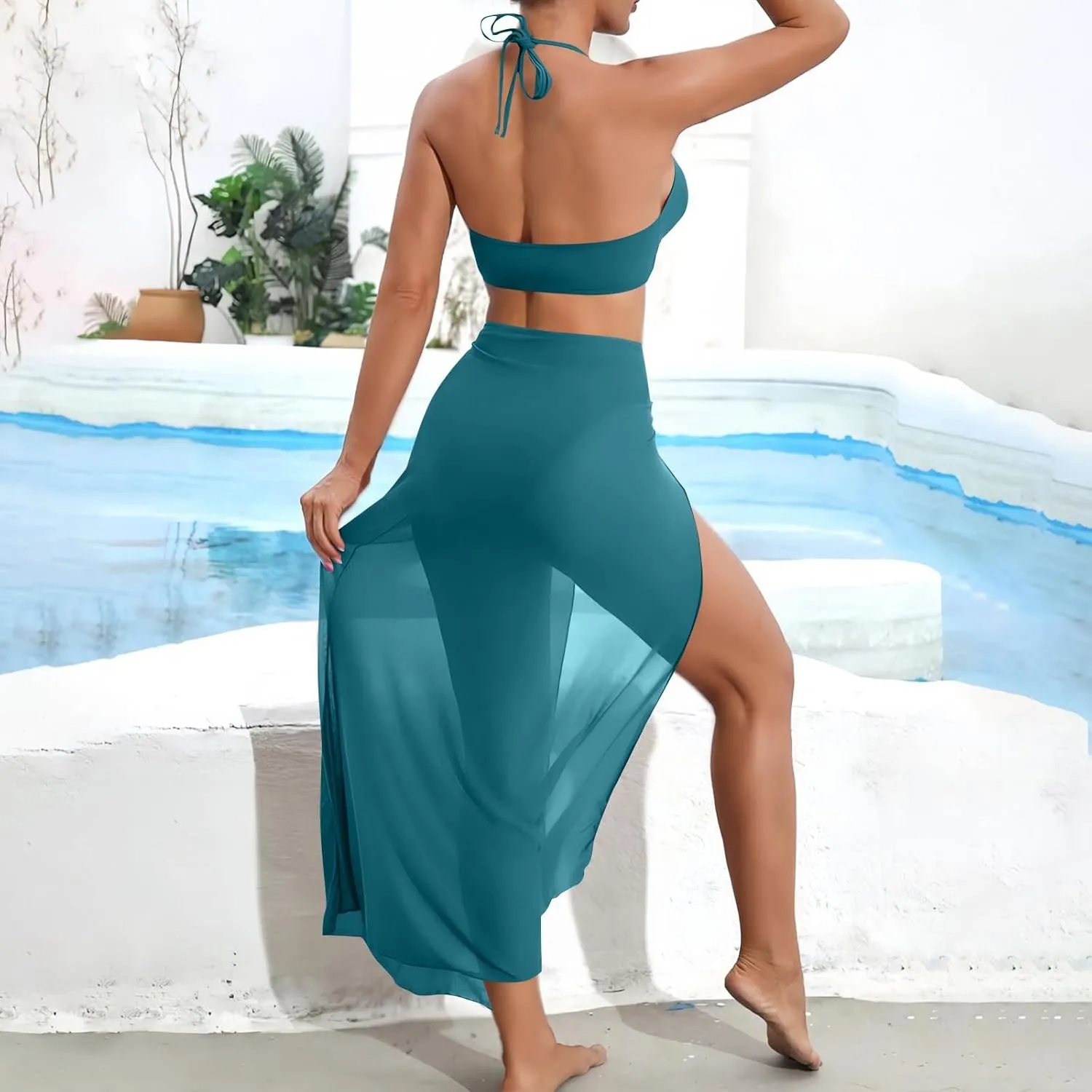 3 Piece Swimsuit for Women Sexy Halter Bikini Sets with Coverup High Slit Maxi Skirt Push Up Triangle Bathing Suit