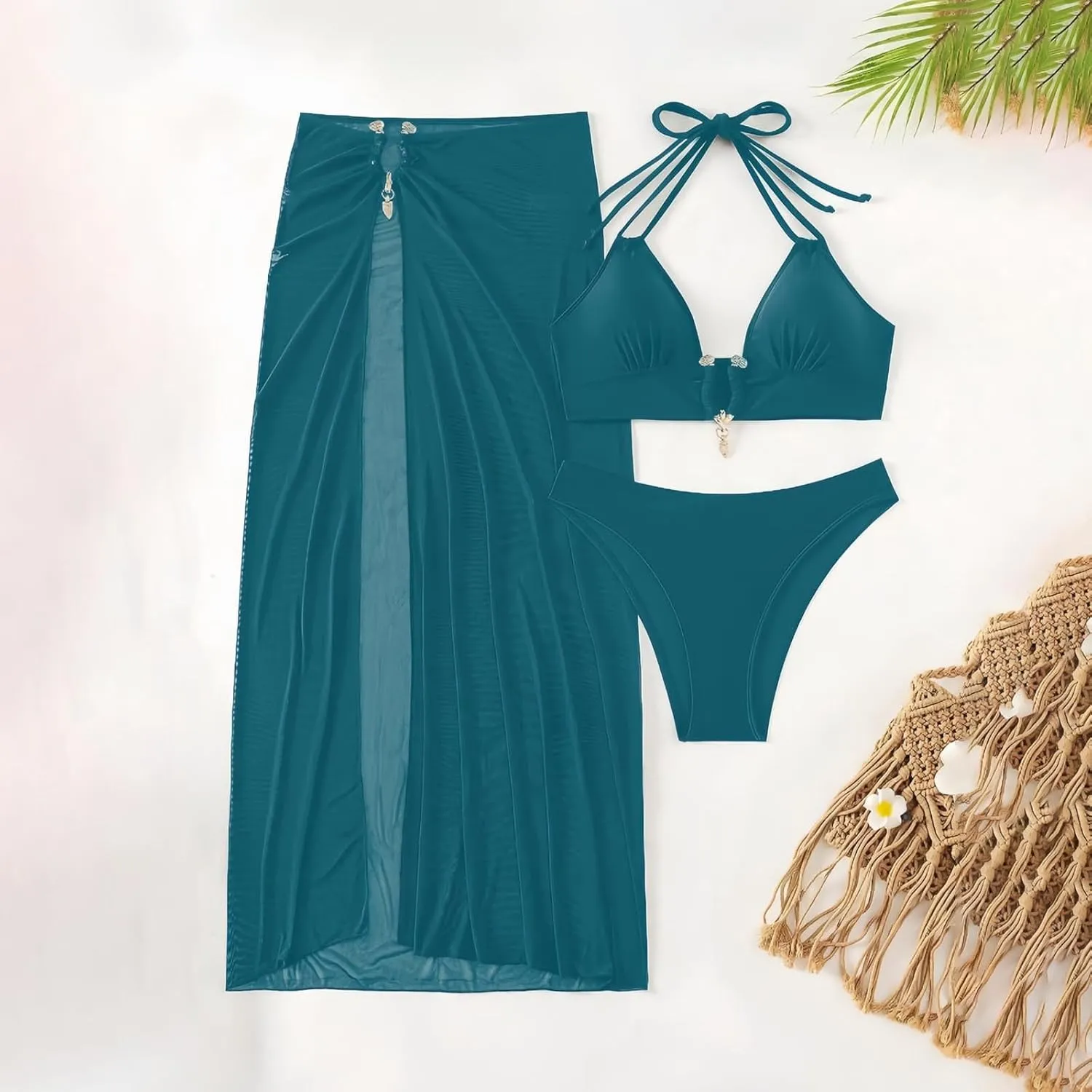 3 Piece Swimsuit for Women Sexy Halter Bikini Sets with Coverup High Slit Maxi Skirt Push Up Triangle Bathing Suit