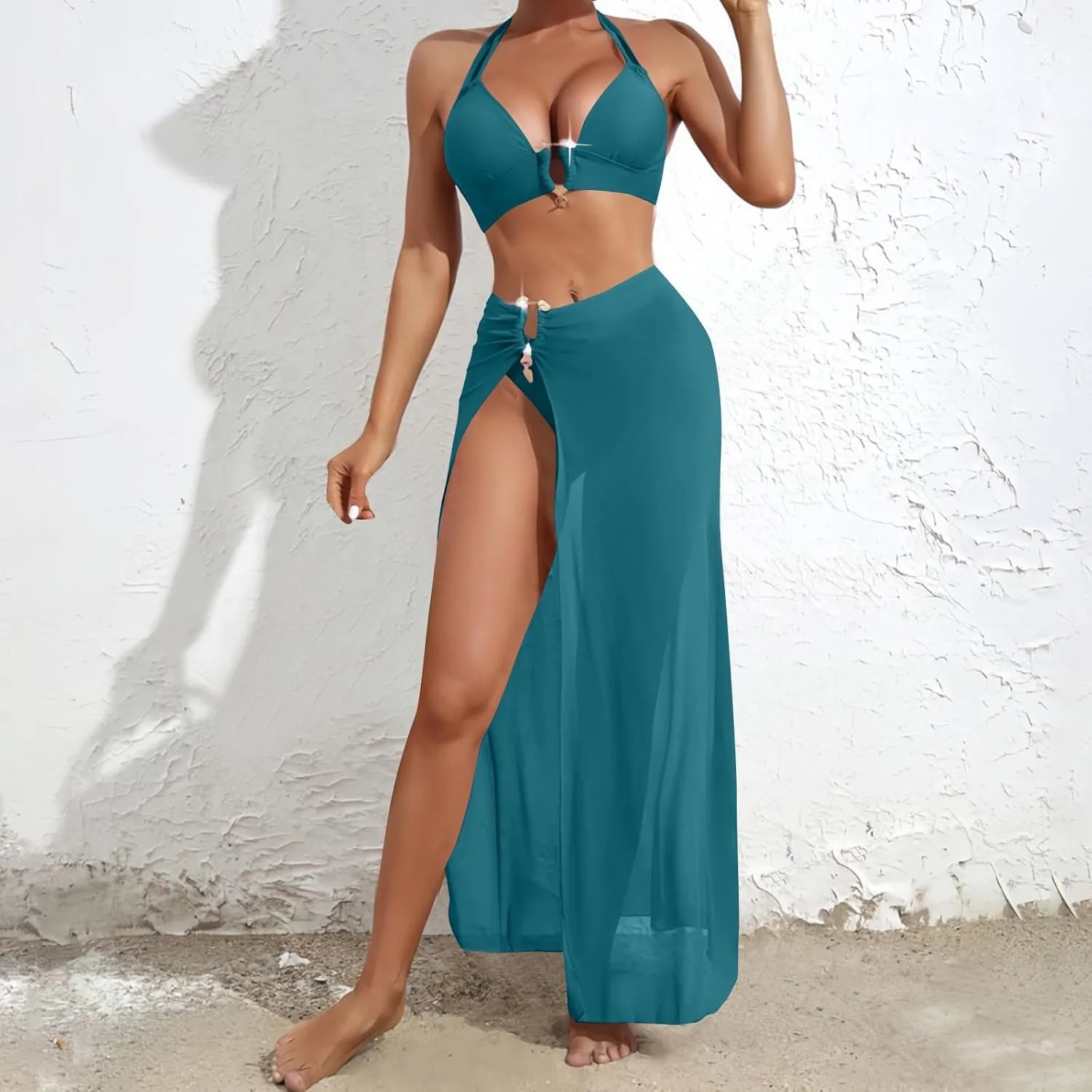 3 Piece Swimsuit for Women Sexy Halter Bikini Sets with Coverup High Slit Maxi Skirt Push Up Triangle Bathing Suit