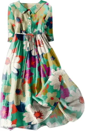 aihihe Women's Cotton Linen Dress Floral Print Short Sleeve Buttoned Spread Collar Midi Dress 2024 Spring Summer Trendy Dress