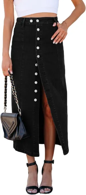 Apvirdy Women's Button Fly Side Split Denim Midi Skirts High Waist Solid Color Elegant Summer Jean Skirt