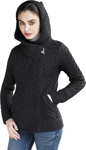 Aran Crafts Women's Cable Knit Comfortable Side Zip Hoodie (100% Merino Wool)