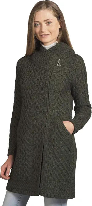 Aran Crafts Women's Cable Knit Long Hooded Side Zip Coat (100% Merino Wool)