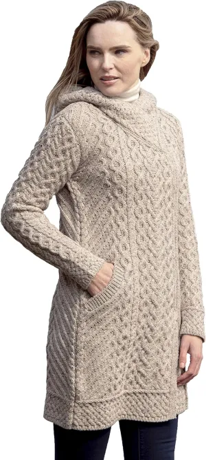 Aran Crafts Women's Cable Knit Long Hooded Side Zip Coat (100% Merino Wool)