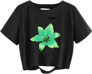 Avanova Women Los Angeles Graphic Distressed Oversized Crop Top Short Sleeve Ripped Boxy Loose Tee Shirt