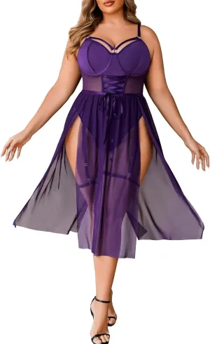Avidlove Sexy Plus Size Lingerie Set for Women Sexy Bodysuit with High Slit dress and Garter Belt L-5XL