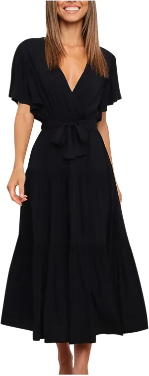 Binmer WomenS Summer Maxi Dresses Wrap V Neck Ruffle Short Sleeve Beach Dress Casual Flowy Tiered Vacation Sundress W/Pocket