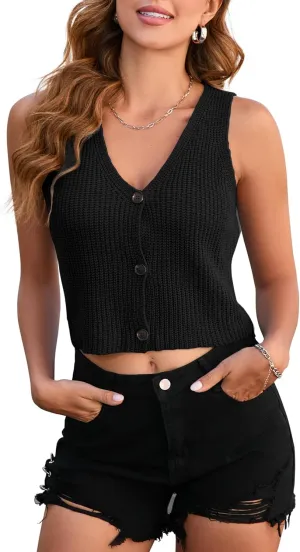 BLUEMING Women's V Neck Sleeveless Cropped Knit Cardigan Button Open Front Sweaters Vest Top
