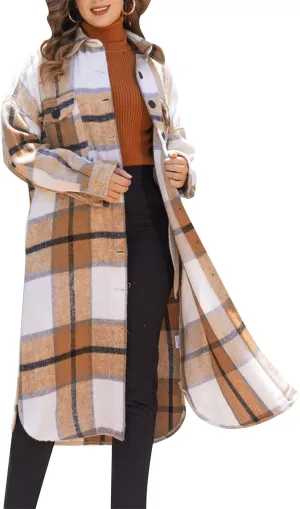BOFETA Ladies Plaid Jackets Long Sleeve Flannel Shacket Jacket for Women Button Down Plaid Shacket