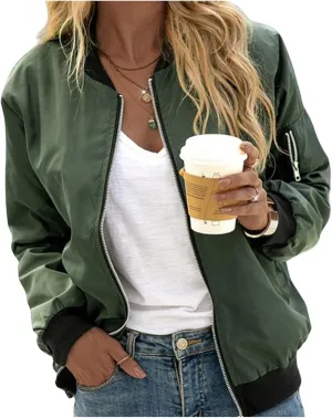 Bomber Jackets for Women Casual Lightweight Satin Zip Up Coat 2023 Fall Loose Fit Outerwear Windbreaker with Pockets