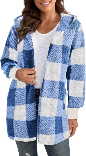 Buffalo Plaid Jacket for Woman Fuzzy Fleece Hooded Open Front Cardigan Color Block Sherpa Coats with Pockets