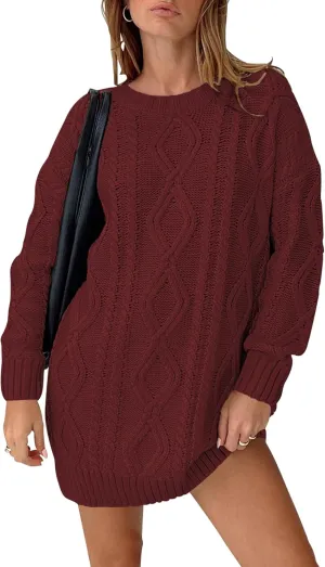 Cakulo Womens Oversized Cable Knit Sweater Dress 2025 Fall Pullover Chunky Long Sweaters Vintage Knitted Dresses