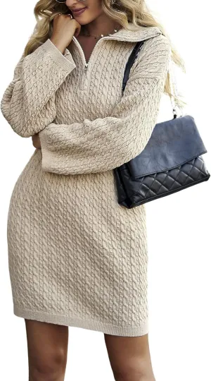 CHARTOU Women's Elegant Polo Collar Quarter Zipper Chunky Cable Knit Sweater Mini Dress