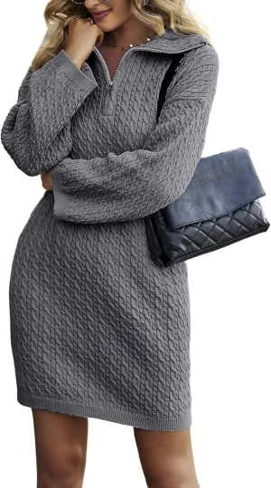 CHARTOU Women's Elegant Polo Collar Quarter Zipper Chunky Cable Knit Sweater Mini Dress