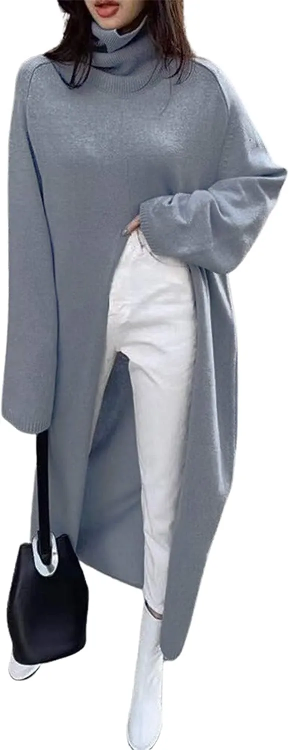 CHARTOU Women's Elegant Turtleneck High Slit Maxi Long Knitted Sweater Dress