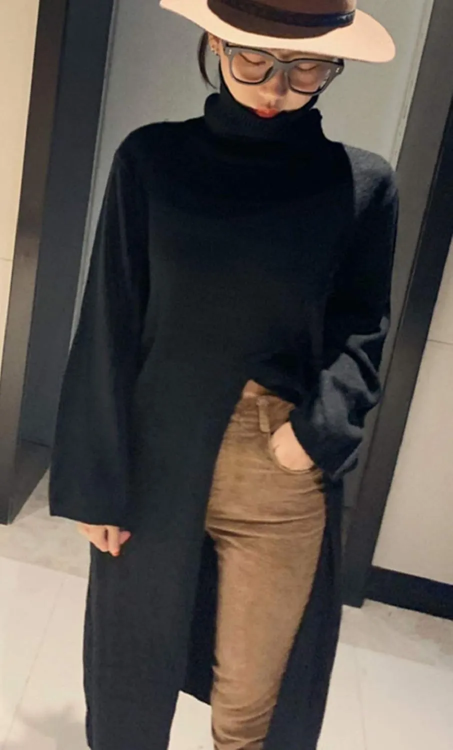 CHARTOU Women's Elegant Turtleneck High Slit Maxi Long Knitted Sweater Dress