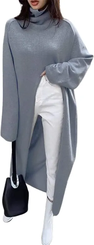 CHARTOU Women's Elegant Turtleneck High Slit Maxi Long Knitted Sweater Dress