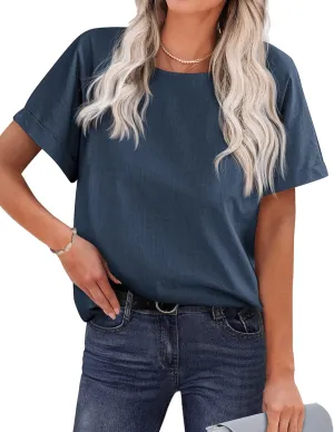 Chigant Women's Linen Shirts Short Sleeve Cotton Blouses Casual Loose Round Collar Solid Boxy Tunics Top