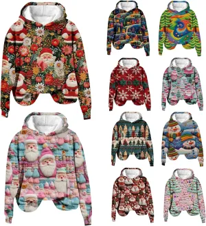 Christmas Hooded Jackets for Women Cute Graphic Santa Claus Printed 3D Sweatshirt Long Sleeve V Neck Pullover Coats