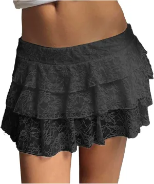 cooki Lace Mini Skirt for Women, Womens Cute Flowy Lace Pleated Mini Skirt Sexy Y2k High Waisted Ruffle Short Skirts