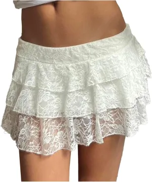 cooki Lace Mini Skirt for Women, Womens Cute Flowy Lace Pleated Mini Skirt Sexy Y2k High Waisted Ruffle Short Skirts