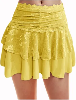 cooki Lace Mini Skirt for Women Y2k, Women's Cute Pleated Mini Skirt Sexy Lace High Waisted Layered Ruffle Hem Short Skirts
