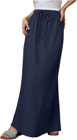 cooki Womens Linen Flared Maxi Skirts Summer Casual Vacation Low Waist Drawstring Long Flowy Ankle-Length Boho Skirt