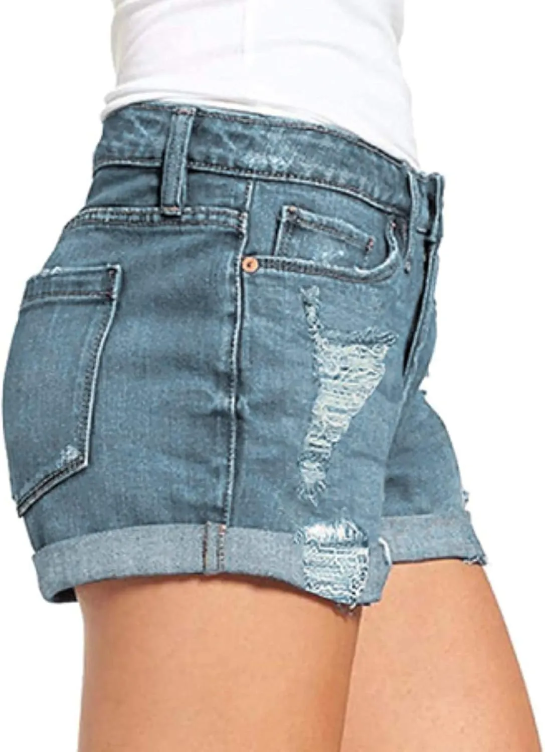 Denim Shorts for Women High Waisted Comfy Tights Elastic Button Casual with Folded Hem Jeans Shorts with Pockets