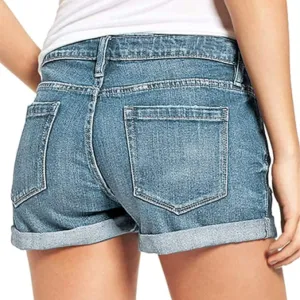 Denim Shorts for Women High Waisted Comfy Tights Elastic Button Casual with Folded Hem Jeans Shorts with Pockets