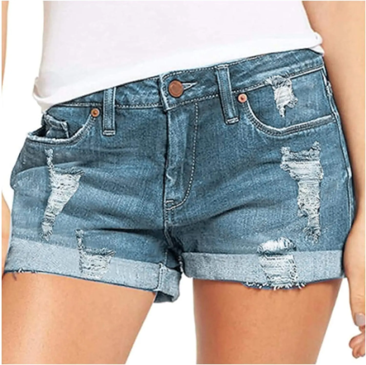 Denim Shorts for Women High Waisted Comfy Tights Elastic Button Casual with Folded Hem Jeans Shorts with Pockets