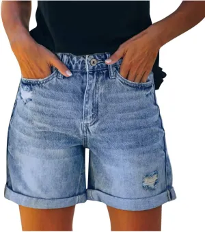 Denim Shorts for Women High Waisted Wide Leg Casual Comfy Loose with Folded Hem Drawstring Trendy Jeans Shorts