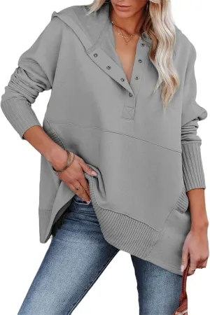 DGHM-JLMY Women Casual Button V Neck Hoodies Loose Thread Hem Hoodie Oversized Pullover Sweatshirt Hooded Tops with Pockets