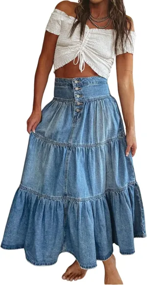ebossy Women's Boho Ruched Denim Skirt Buttoned High Waist A Line Flowy Babydoll Tiered Ruffles Maxi Long Jean Skirts