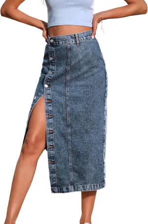 ebossy Women's Button Up Denim Skirt High Waist Front Split Casual Slim Bodycon Pencil Mid Skirts