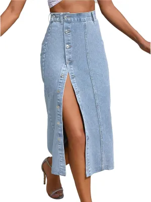 ebossy Women's Button Up Denim Skirt High Waist Front Split Casual Slim Bodycon Pencil Mid Skirts