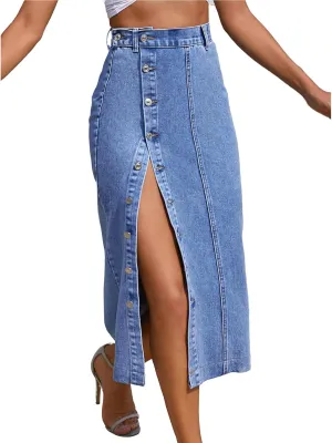 ebossy Women's Button Up Denim Skirt High Waist Front Split Casual Slim Bodycon Pencil Mid Skirts