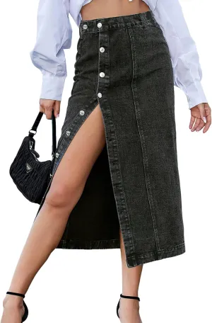 ebossy Women's Button Up Denim Skirt High Waist Front Split Casual Slim Bodycon Pencil Mid Skirts