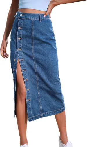 ebossy Women's Button Up Denim Skirt High Waist Front Split Casual Slim Bodycon Pencil Mid Skirts
