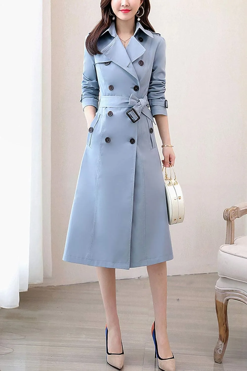 ebossy Women's Classic Double Breasted Midi-Length Trench Coat with Belt