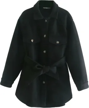 ebossy Women's Wool Blend Coat Single Breasted Button Down Loose Fit Jacket Outwear with Belt