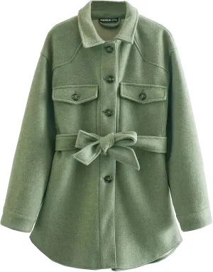 ebossy Women's Wool Blend Coat Single Breasted Button Down Loose Fit Jacket Outwear with Belt