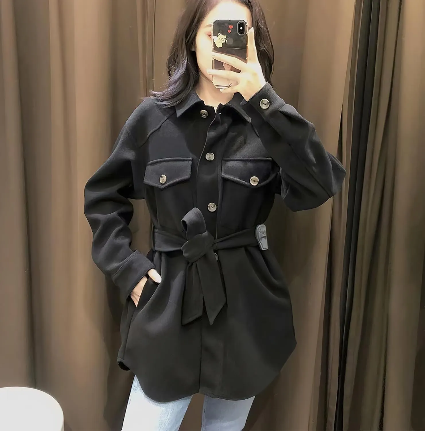 ebossy Women's Wool Blend Coat Single Breasted Button Down Loose Fit Jacket Outwear with Belt